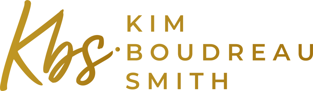 Kim Boudreau Smith- Her Bold Voice logo, KBS initials next to full name, all in golden tones